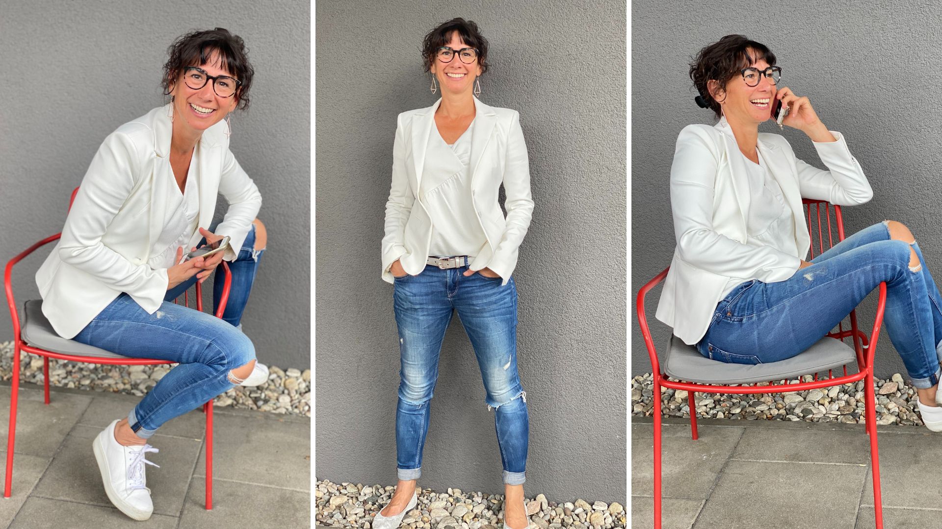 Drei kleine Bilder von Claudia Potschigmann, Female Empowerment- und Business-Coach, zeigen sie in verschiedenen Posen, auf einem Stuhl und stehend.